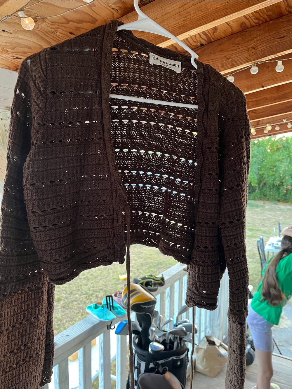 No Boundaries Brown Crocheted Open-Front Women's Cardigan